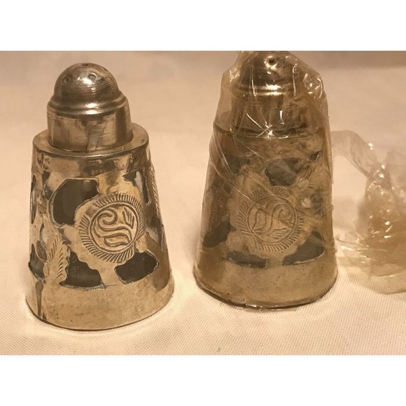 Mexican Sterling Silver Overlay Salt & Pepper Shaker Set, Mid-Century NOS - Picture 1 of 9